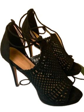 Aldo Riley Black Lace-Up Heels Sz 9 | Peep Toe Strappy Party Night Out